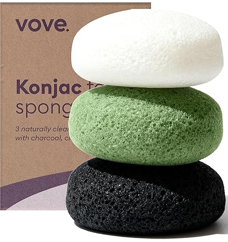 Vove Organic Konjac Facial Sponges 3-Pack - Natural Face Exfoliating Sponges with Bamboo Charcoal & Green Clay, Gentle Cleansing for All Skin Types