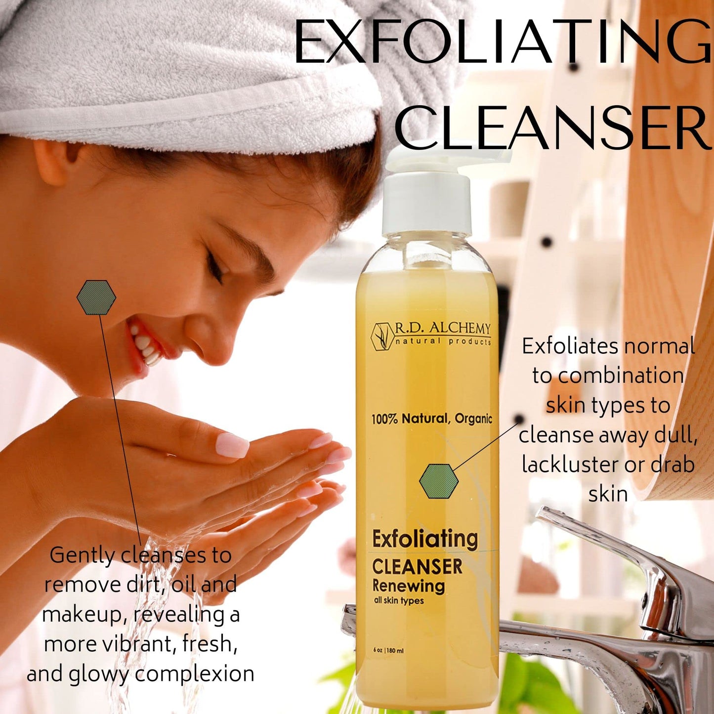RD Alchemy - 100% Natural & Organic Exfoliating Cleanser - Natural Face Wash for All skin Types. Sulfate Free, with AHAs Gently Cleanse Dirt, Oil