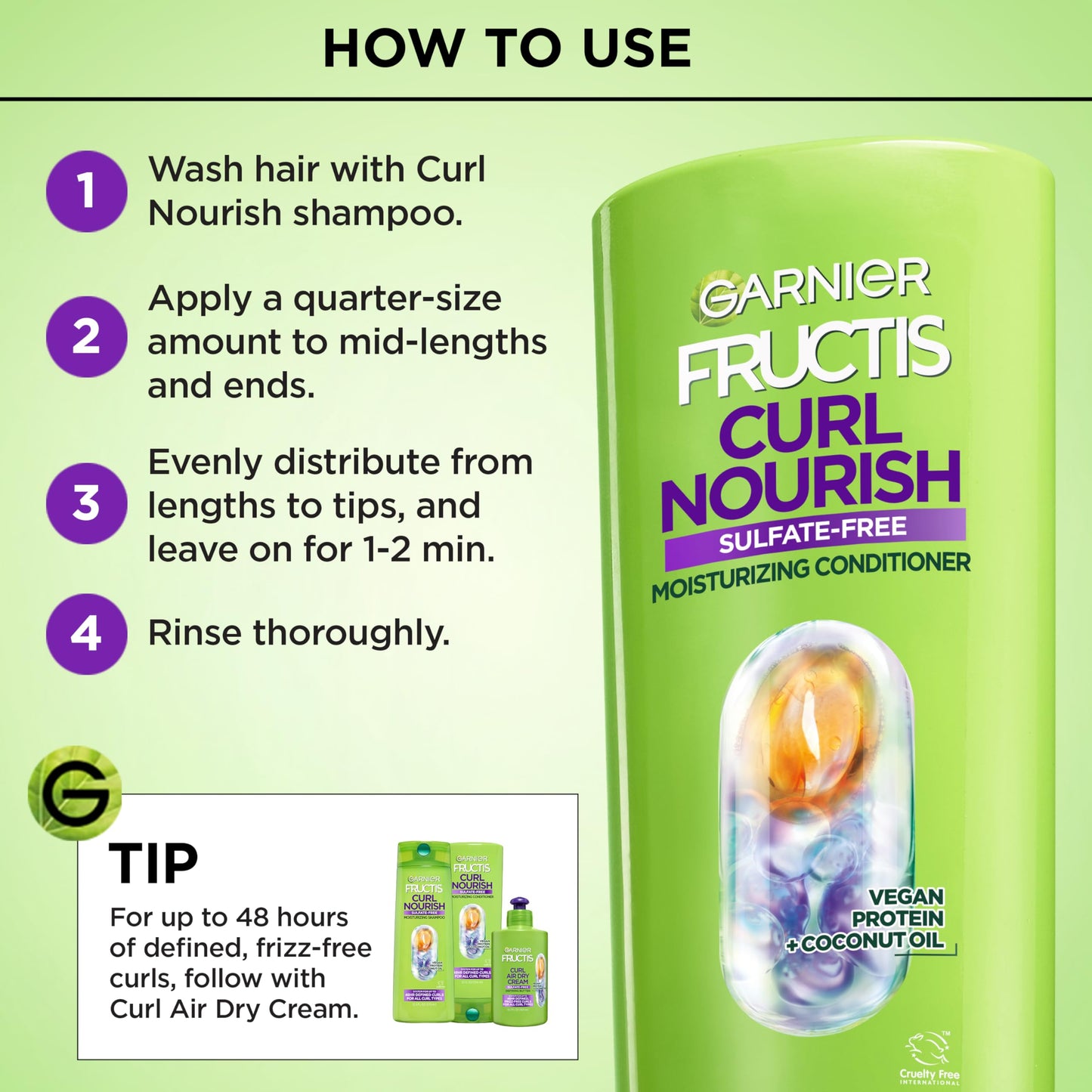 Garnier Fructis Curl Nourish Moisturizing Conditioner for Curly Hair, Plant Protein and Coconut Oil Formula, Up to 48HR of Curl Definition, Sulfate Beauty and Personal Care Garnier
