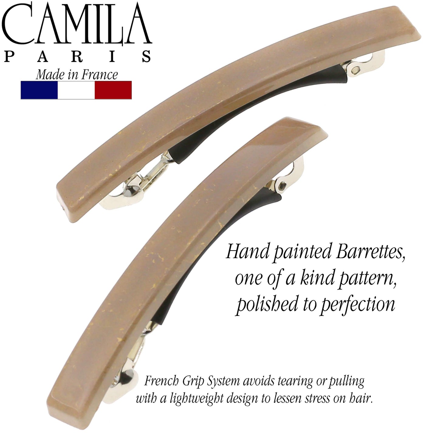 Camila Paris CP3074 French Hair Barrette Clip for Girls, Set of 2 Beige Rubberized Metal Clasp Strong Hold Grip Hair Clips for Women, No Slip Durable