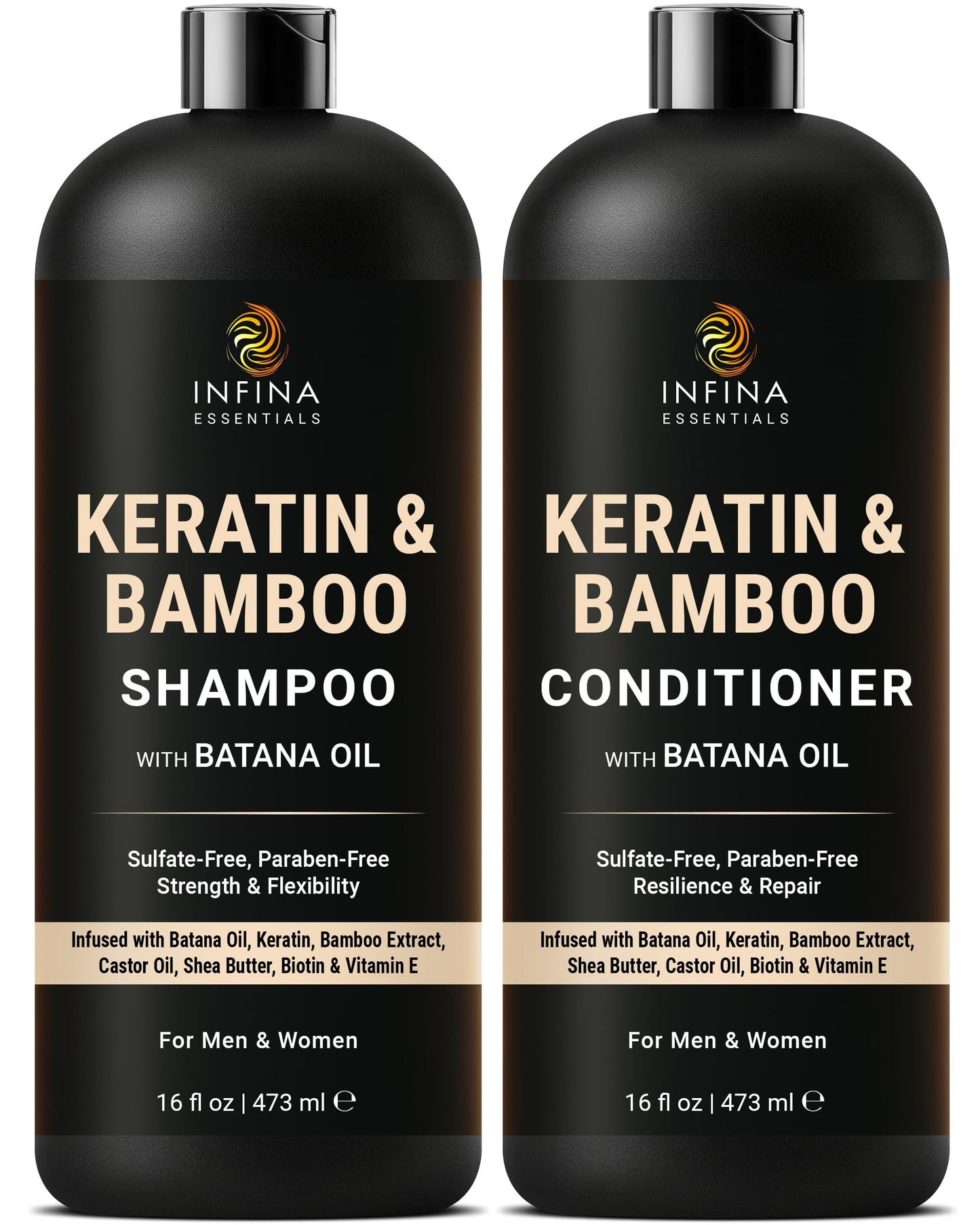 INFINA ESSENTIALS Keratin Shampoo and Conditioner Set | Frizz Control & Smoothing with Batana Oil & Bamboo Extract | Sulfate-Free | Men & Women | 16