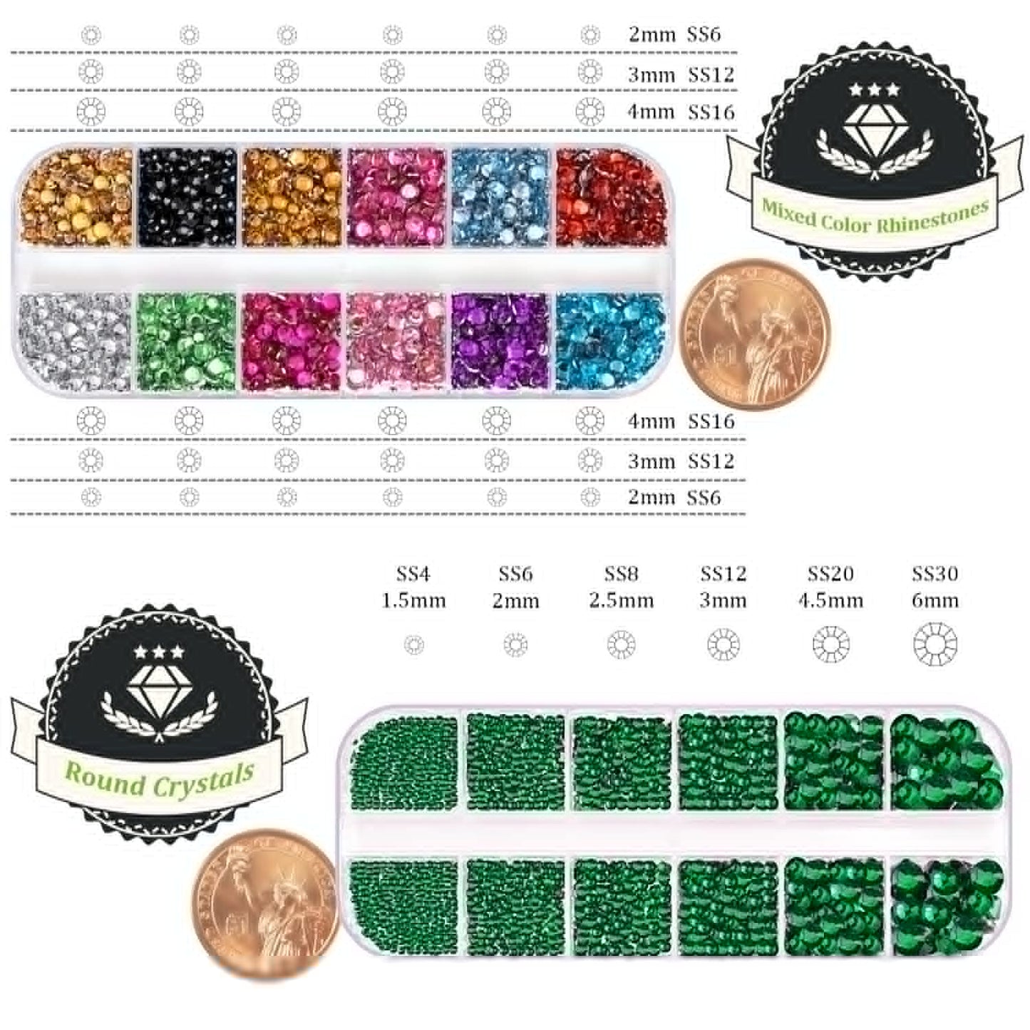 Two Packs of Flatback Rhinestones 4520 Pcs Colorful Nail Art Rhinestones Flatback Crystal Colorful+Dark Green Rhinestone with Picker Pencil