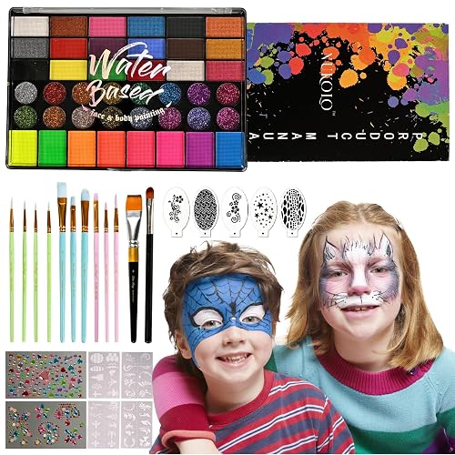 KNLDEFV 42 Color Kids Face Painting Kit, Non Toxic Water Activated Face Paint Palette with Stencils, Brush, Sparkle Gems. Perfect for Birthday