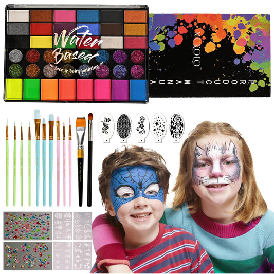 KNLDEFV 42 Color Kids Face Painting Kit, Non Toxic Water Activated Face Paint Palette with Stencils, Brush, Sparkle Gems. Perfect for Birthday