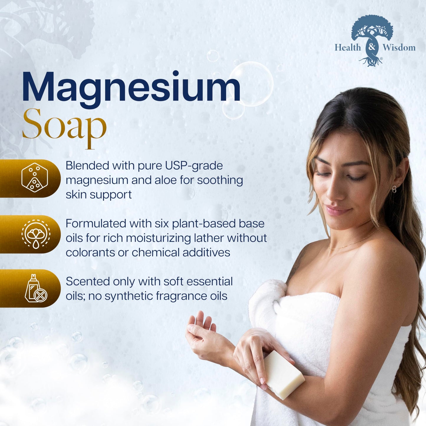 Health & Wisdom Magnesium Bar Soap - Moisturizing Body Soap - Handmade with Aloe & Six Nourishing Plant Oils and Natural Essential Oils - Gentle Daily