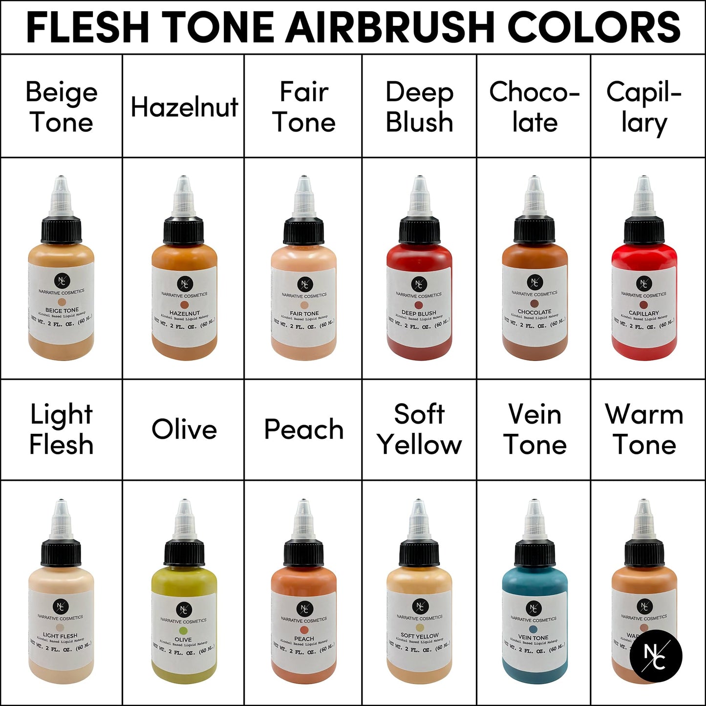 Narrative Cosmetics Flesh Tone Alcohol Airbrush Paints - 2 fl oz, Skin Safe, Quick Dry, Waterproof, Sweatproof, Transferproof Liquid Makeup for Tattoo
