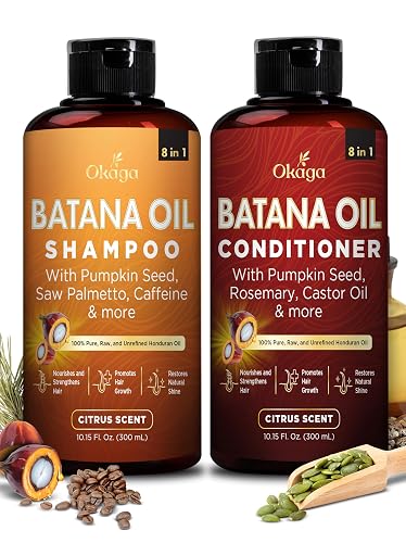 Batana Oil Shampoo & Conditioner Bundle (Okaga Shower Set) with Aloe Vera Leaf Juice, Saw Palmetto, Caffeine, Biotin, Jojoba, Pumpkin Seed, Castor