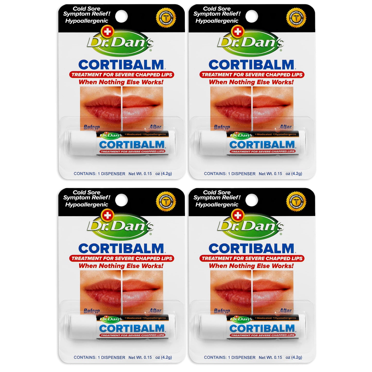 Dr. Dan's Cortibalm- 4 Pack- for Dry Cracked Lips - Healing Lip Balm for Severely Chapped Lips - Designed for Men, Women and Children - 4 Pack