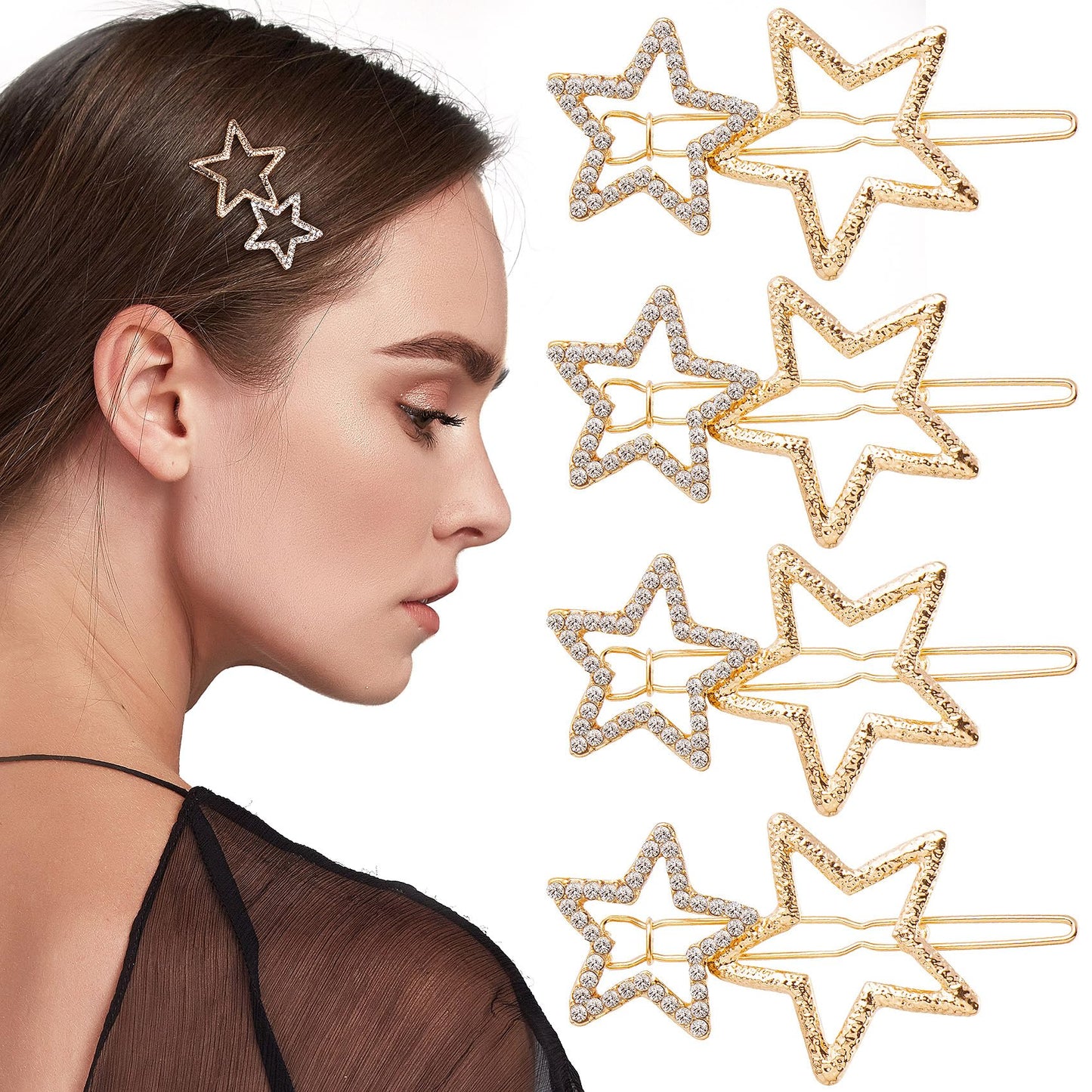 OIIKI Hair Clip, 8pcs Gold Star Hair Barrettes, Hollow Geometric Hair Pins with Rhinestone, Elegant Metal Hair Clips for Women Girls Hair Styling