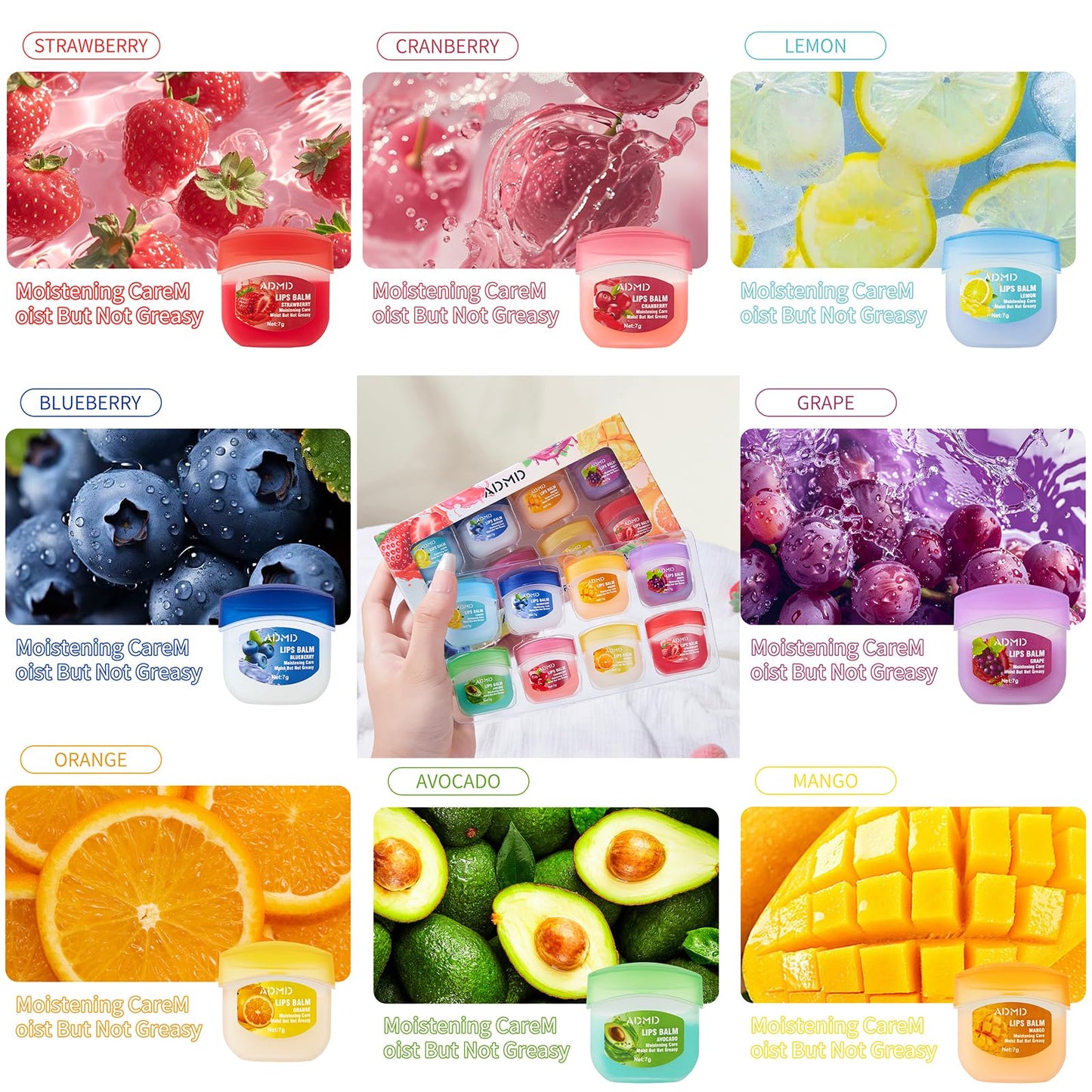 8-Pack Fruit Flavor Lip Balm Set, Mini Lip Mask for Daily Moisture & Overnight Care Helps Soothe Dry Lips