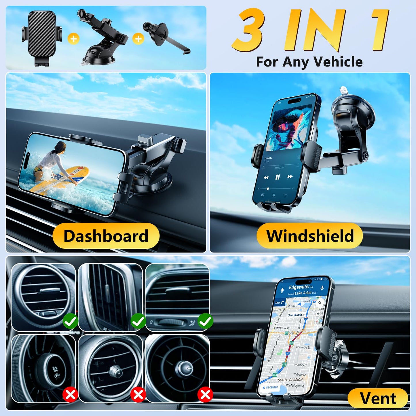 Phone Holders for Your Car 2025 Upgraded Military-Grade Strongest Suction & Stable Clamp Arm Car Phone Holder Mount 360°Adjustable for Dashboard…