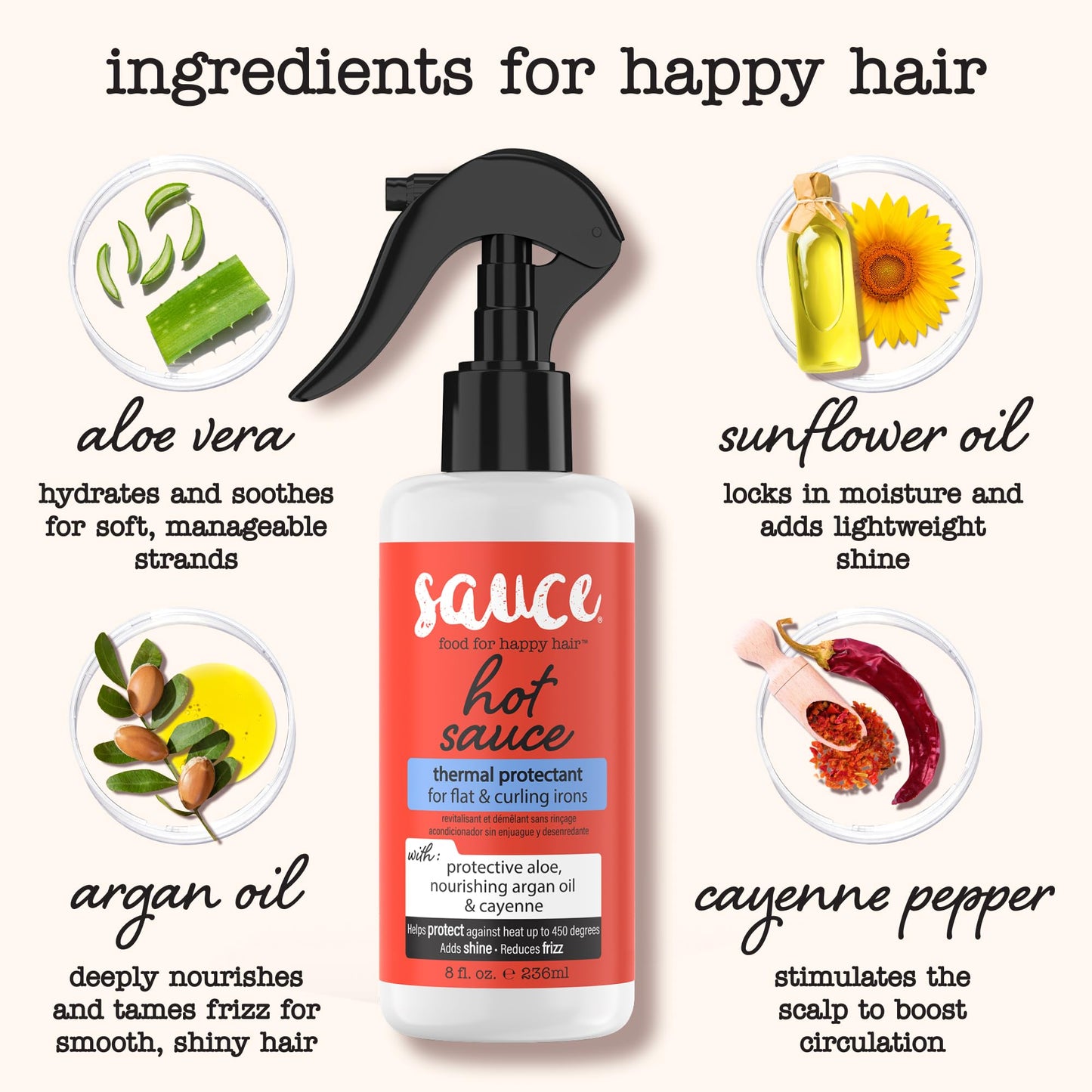 SAUCE BEAUTY Hair Heat Protectant Spray (8 Fl Oz) Hot Sauce Thermal Protectant Spray with Argan Oil, Aloe & Cayenne, Anti Frizz & Adds Shine, Blow Dry