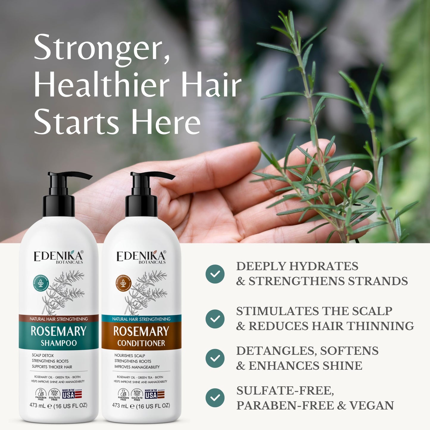 Edenika Botanicals Rosemary Oil Shampoo & Conditioner Set with Biotin & Spirulina for Thinning Hair, Anti-Hair Loss & Strengthening Botanical Formula