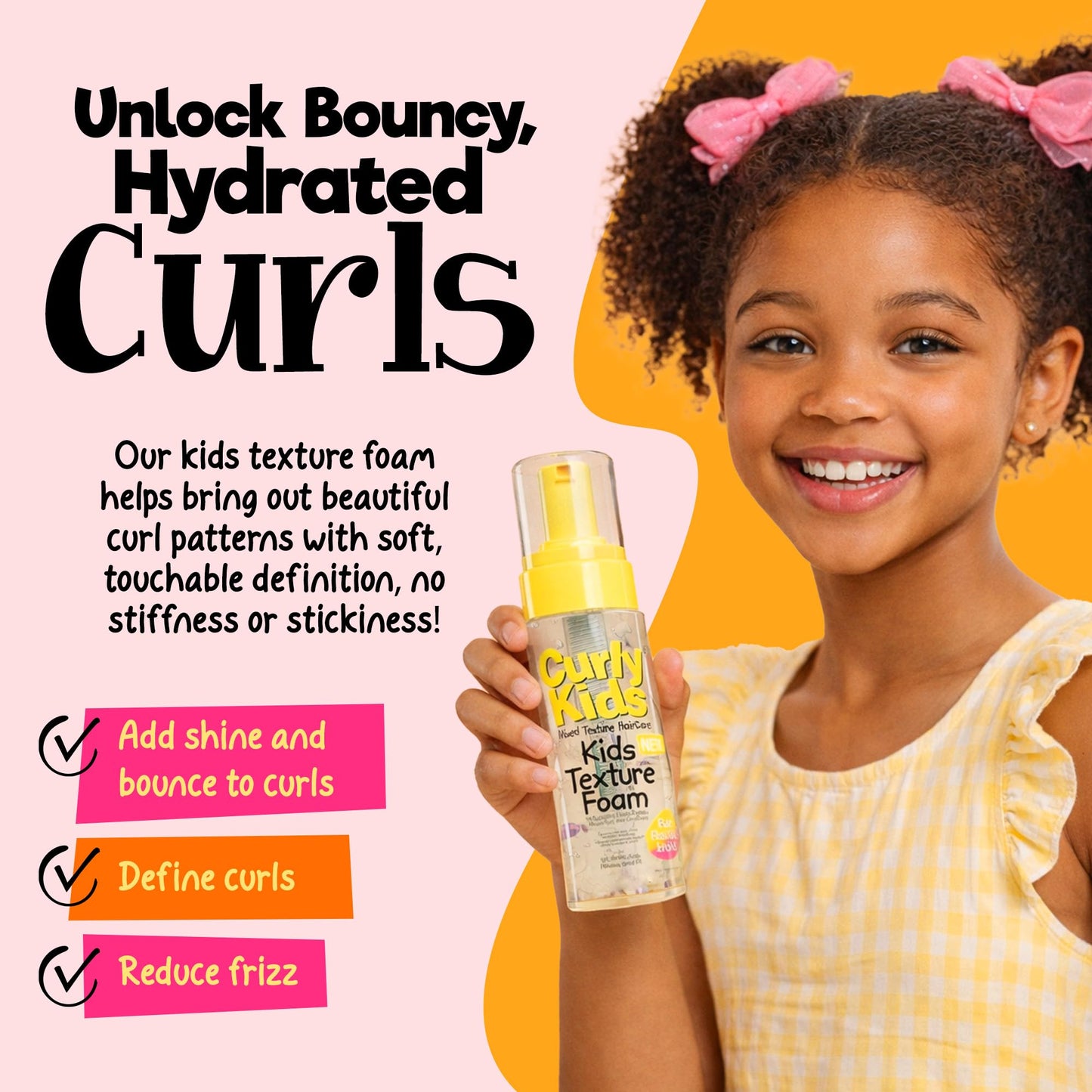 CurlyKids Kids Texture Foam - Lightweight Curl Defining Mousse for Curly, Coily, Kinky & Wavy Hair - Frizz Control, Moisturizing & Shine-Boosting Hair