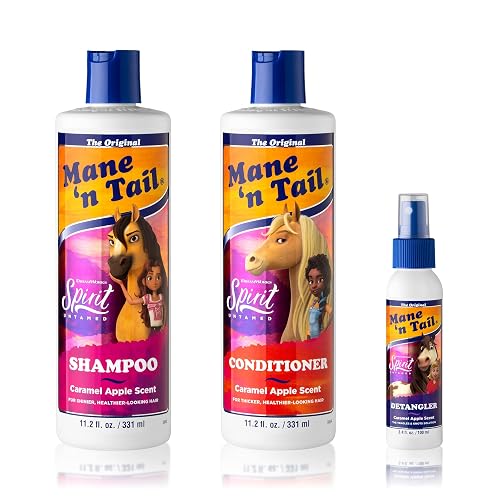 Mane 'n Tail Spirit Untamed Shampoo, Conditioner & Detangler Set - Caramel Apple Scented, Gentle Coconut Oil Formula for Kids, Soft, Silky Hair