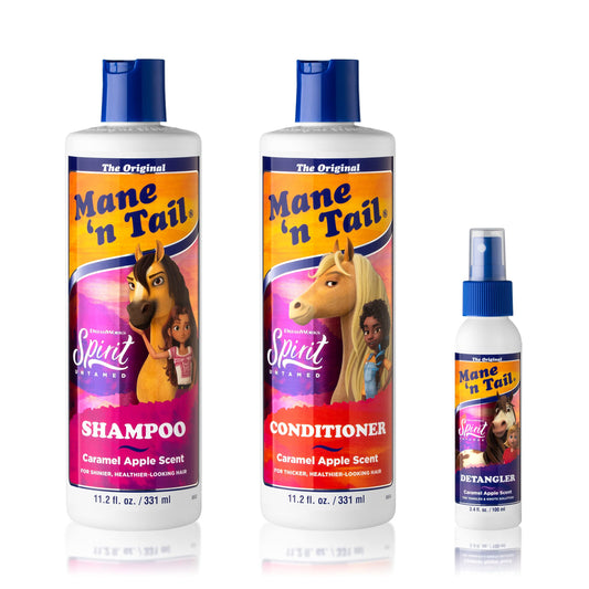 Mane 'n Tail Spirit Untamed Shampoo, Conditioner & Detangler Set - Caramel Apple Scented, Gentle Coconut Oil Formula for Kids, Soft, Silky Hair