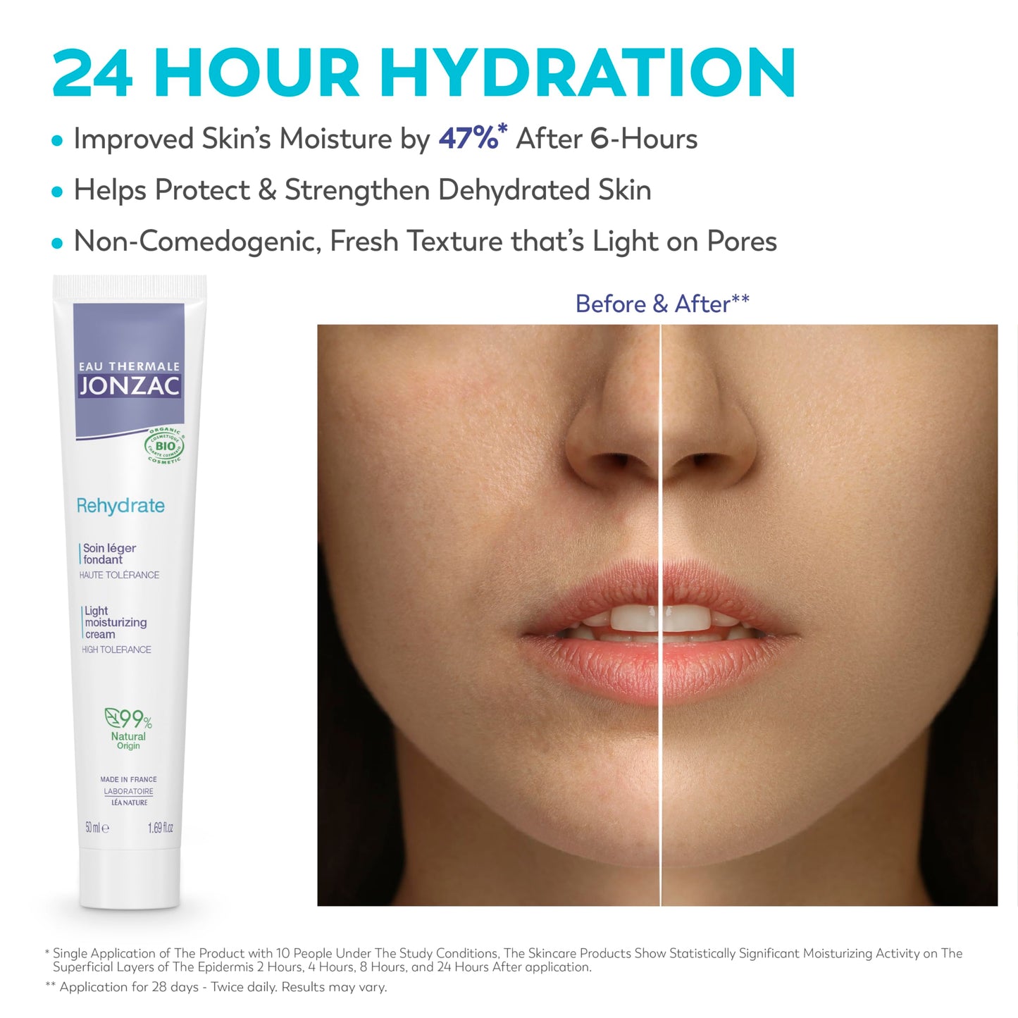 Eau Thermale Jonzac Rehydrate Organic Light Moisturzing Cream for Daily Use - Facial Cream Providing 24hr Hydration with Pure Hyaluronic Acid