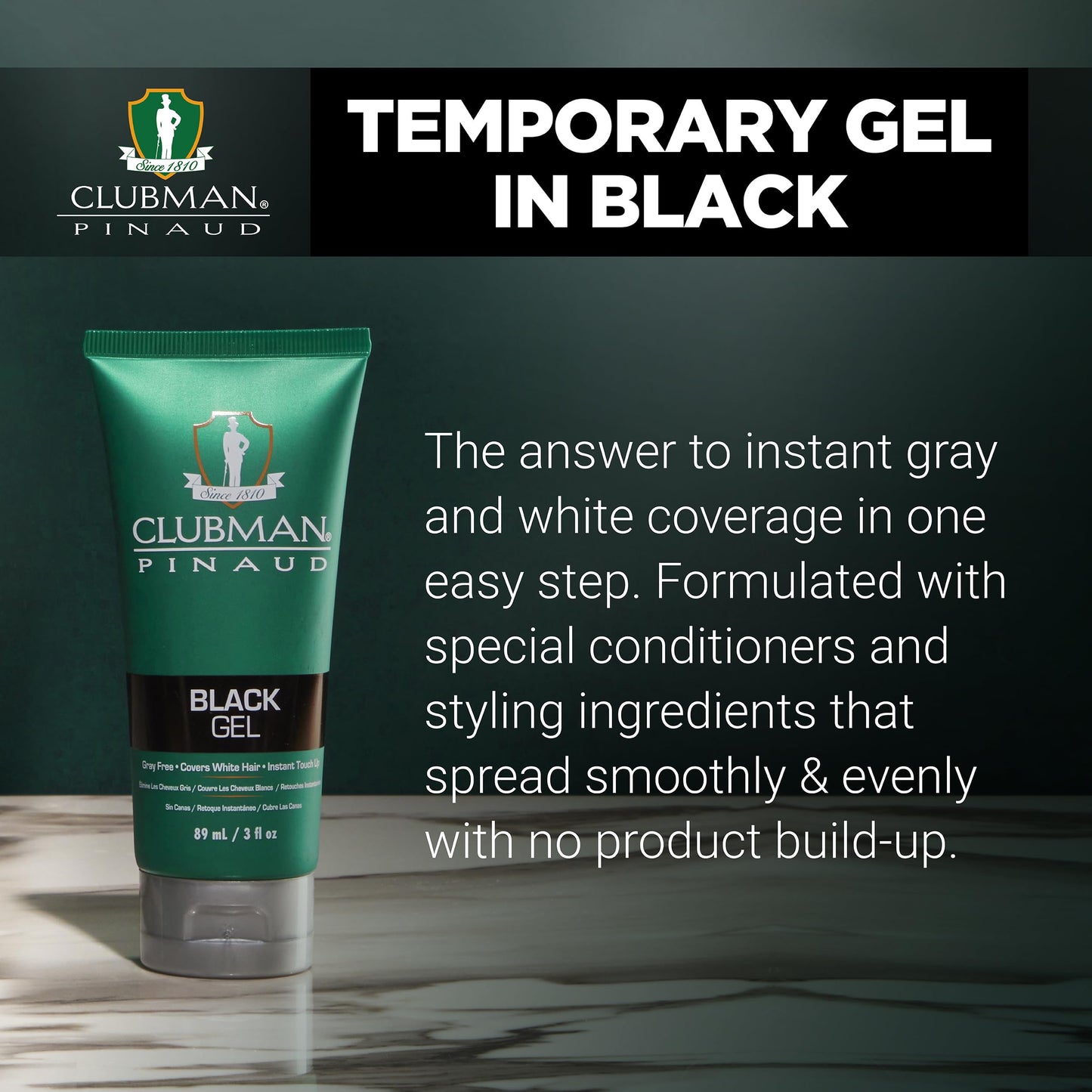 Clubman Pinaud Black Styling Gel - Grey-Free Hair Gel for Men, Instant Touch-Up White Hair Coverage & Flexible Hold, Unscented, 3 fl oz