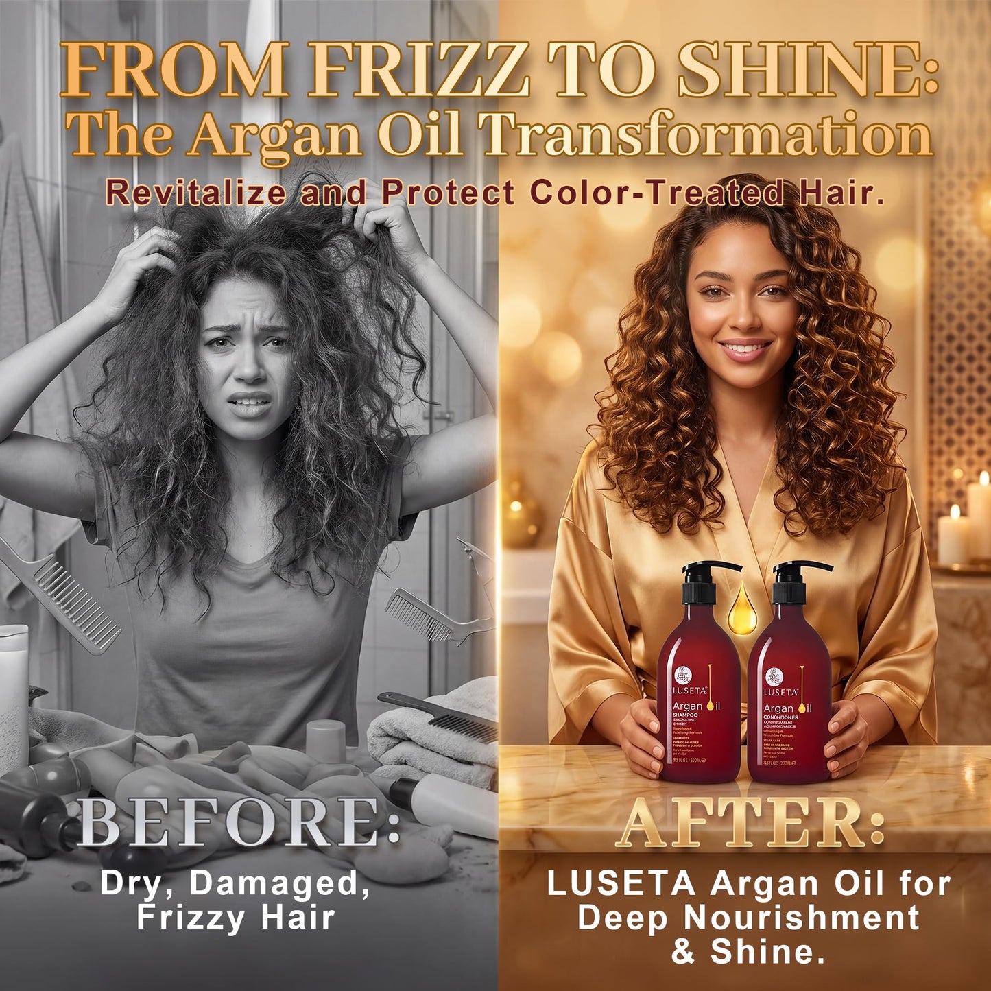 LUSETA Argan Oil Shampoo and Conditioner Set for Dry Damaged Hair - Smoothing & Thickening Treatment for Fine Thin Hair, Anti-Frizz Nourishing Formula