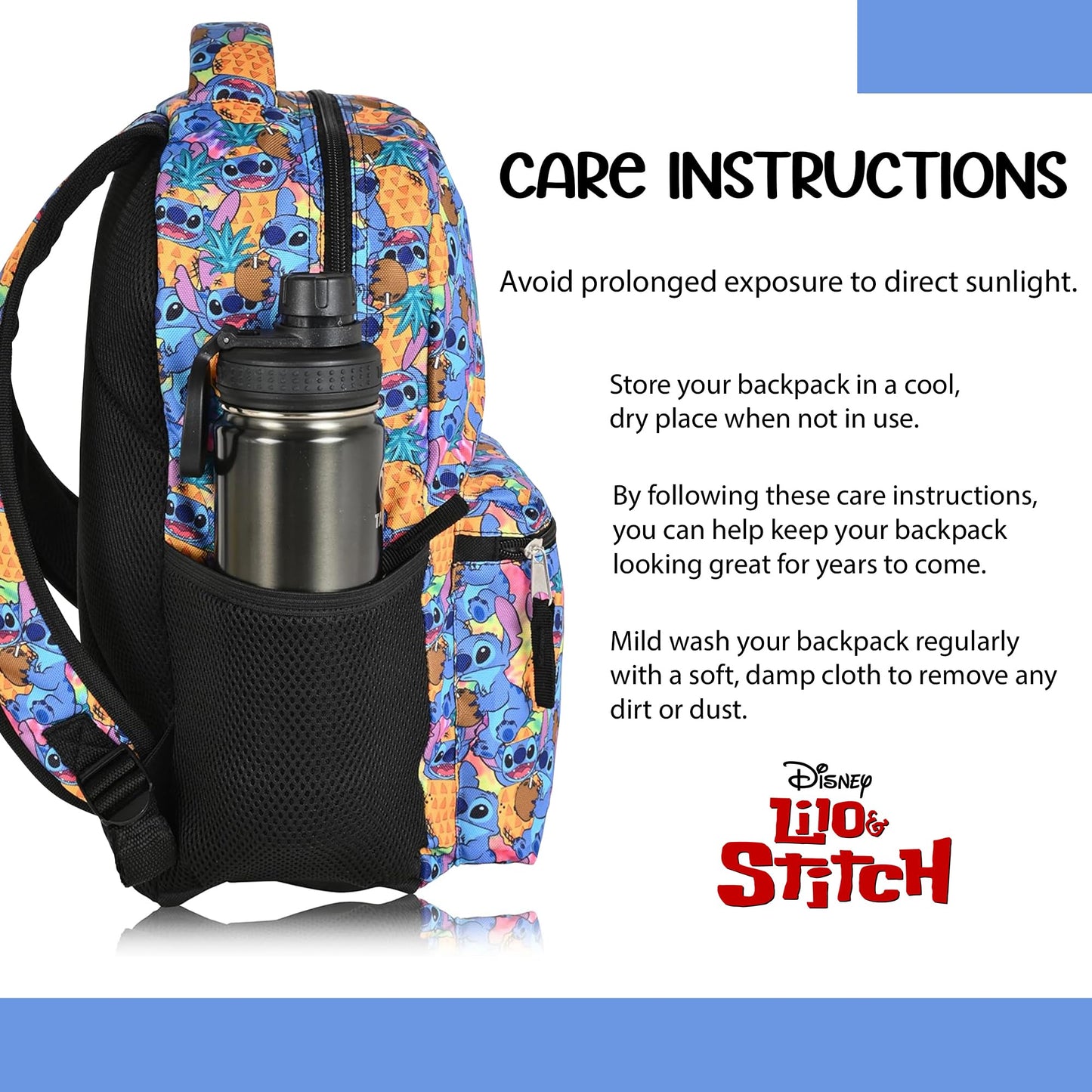 Disney Lilo and Stitch Backpack - Lilo and Stitch Ohana - Backpack for Girls, Boys, Teens, Adults - Officially Licensed Lilo and Stitch Backpacks For School - Great For Gym, Park and Camp (Light Blue)