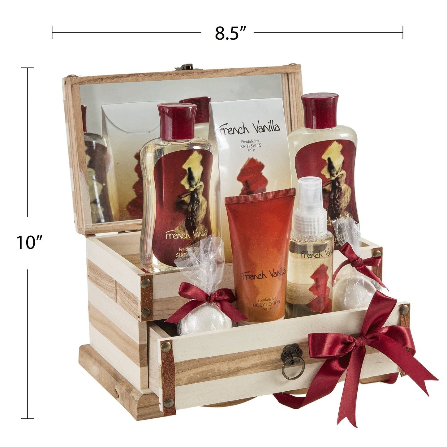 French Vanilla Bath Set Essential Bath and Body Basket: 2 Vanilla Bath Bombs, Body Lotion, Body Spray, Bath Salts, etc in a Wooden Jewelry Box Gift