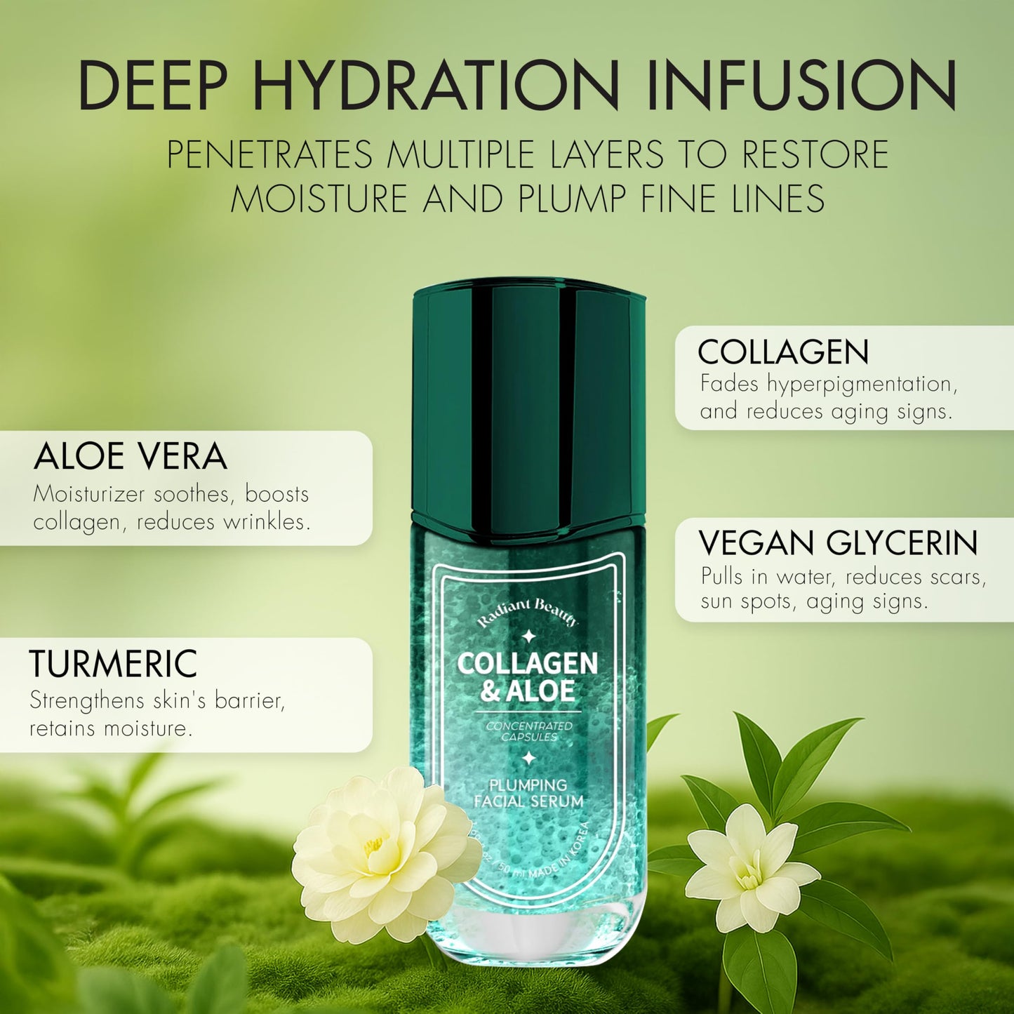 Radiant Beauty Collagen & Aloe Facial Serum - Anti-Aging, Plumping, Hydrating - Reduces Fine Lines & Wrinkles, Combats Dark Spots - Dermatologist