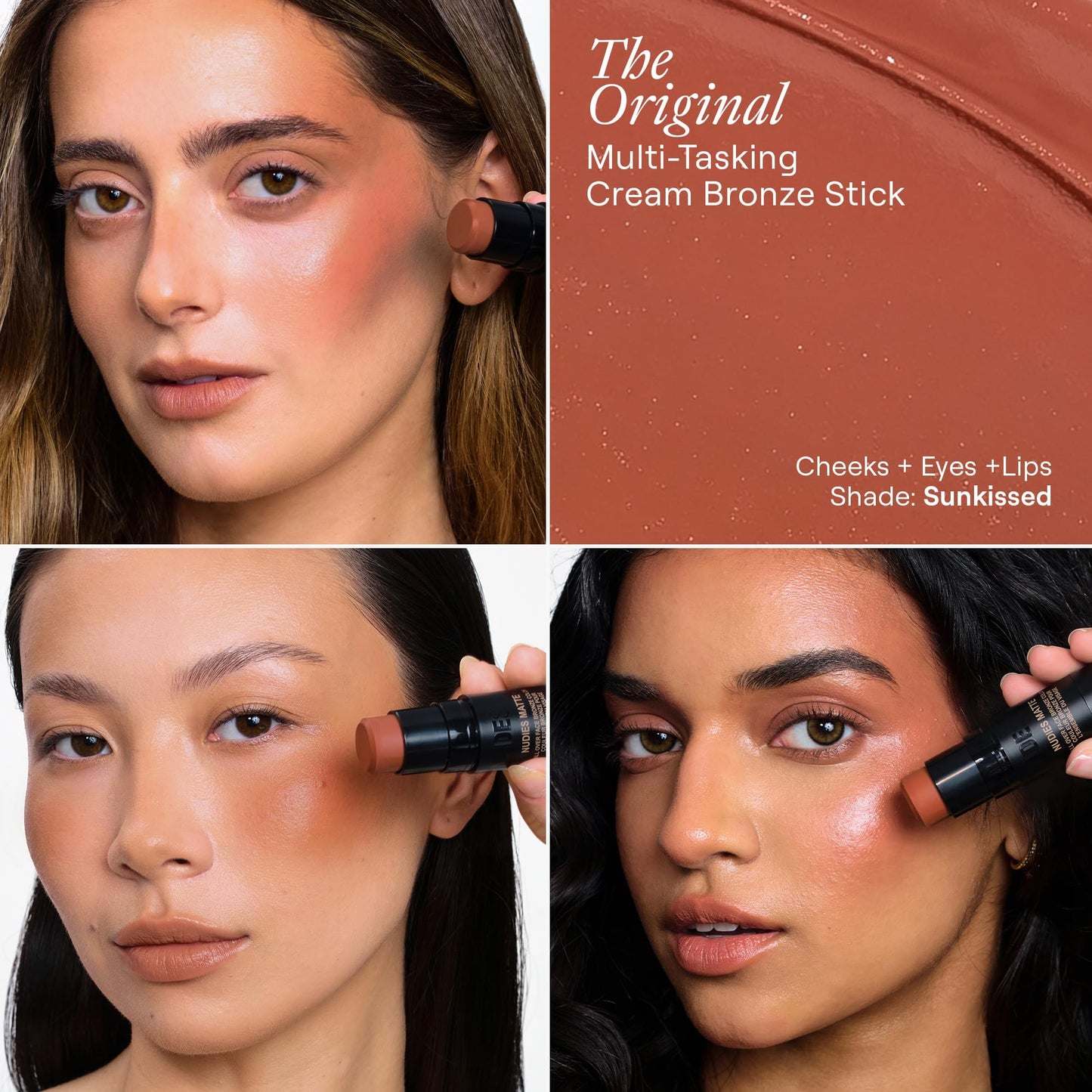 Nudestix Nudies Bronze All Over Matte Bronzing Stick - 3-in-1 Cream Bronzer for Cheeks, Eyes & Lips with Built-In Brush | Natural Contour & Sun-Kissed