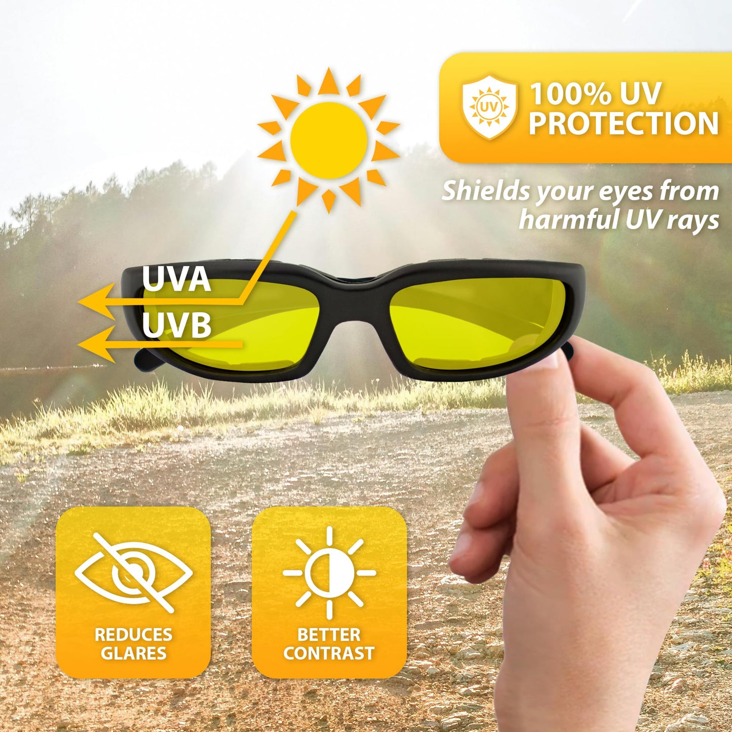 Global Vision Chicago Motorcycle Riding Sunglasses Black Frame w/Yellow Lenses