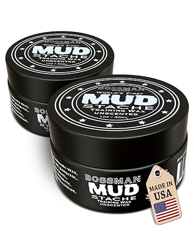 Bossman MUDstache Unscented Mustache Wax for Men (2 oz) - 2 Pack - Strong 24-Hour Hold, Non-Tacky & Easy to Apply for Taming & Styling