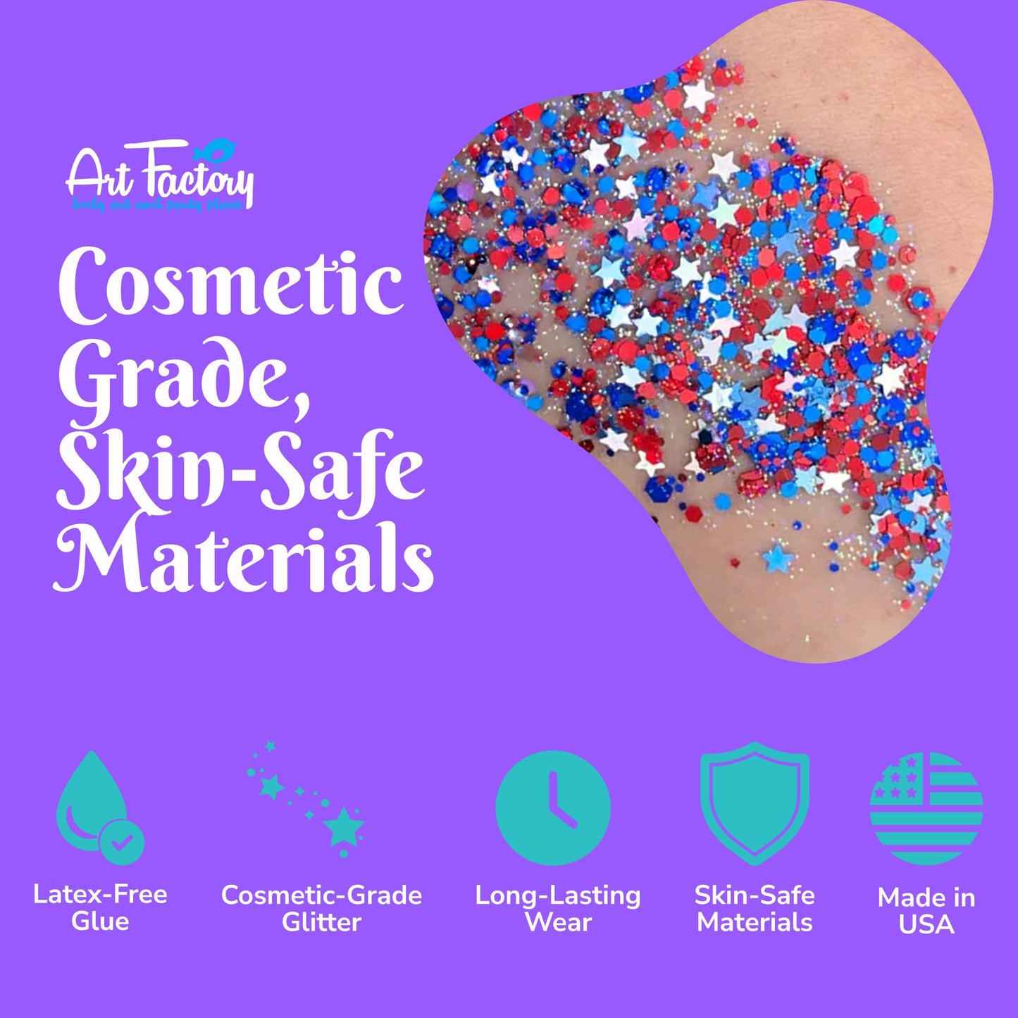 Art Factory Fireworks Body Glitter Gel - Red White and Blue Holographic Cosmetic Glitter for Face, Hair & Body - Patriotic Festival Rave Makeup, Long