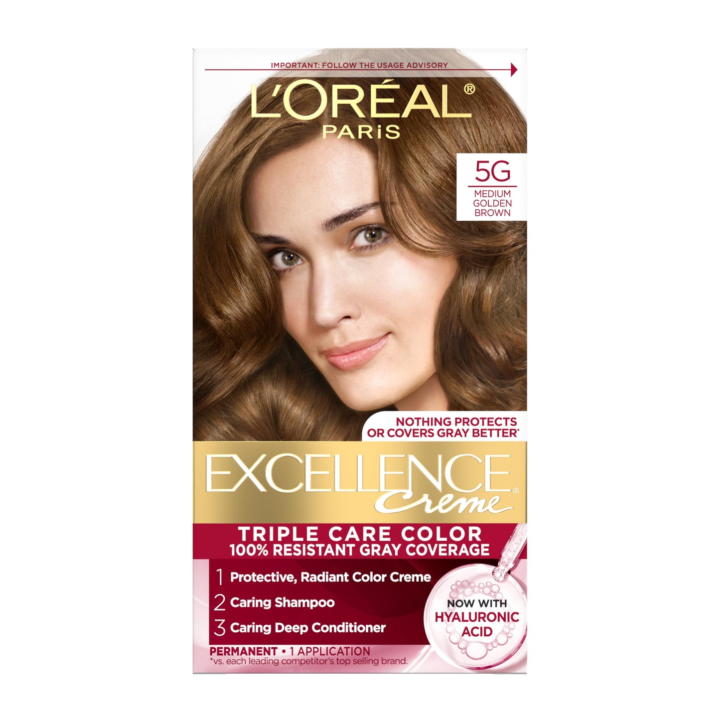 L'Oreal Paris Excellence Crème Permanent Hair Dye, Triple Care Hair Color with Pro-Keratine Complex for 100% Gray Hair Coverage, 5G Medium Golden