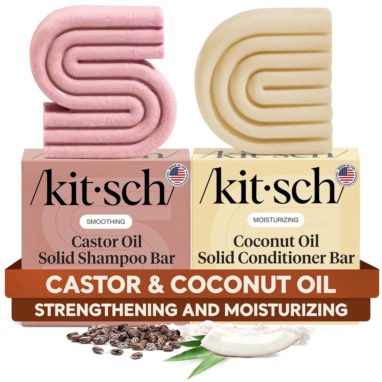 Kitsch Castor Oil Shampoo Bar & Coconut Oil Conditioner Bar - Nourishing Shampoo and Conditioner Set for Dry, Damaged Hair - Strengthening Hair Care