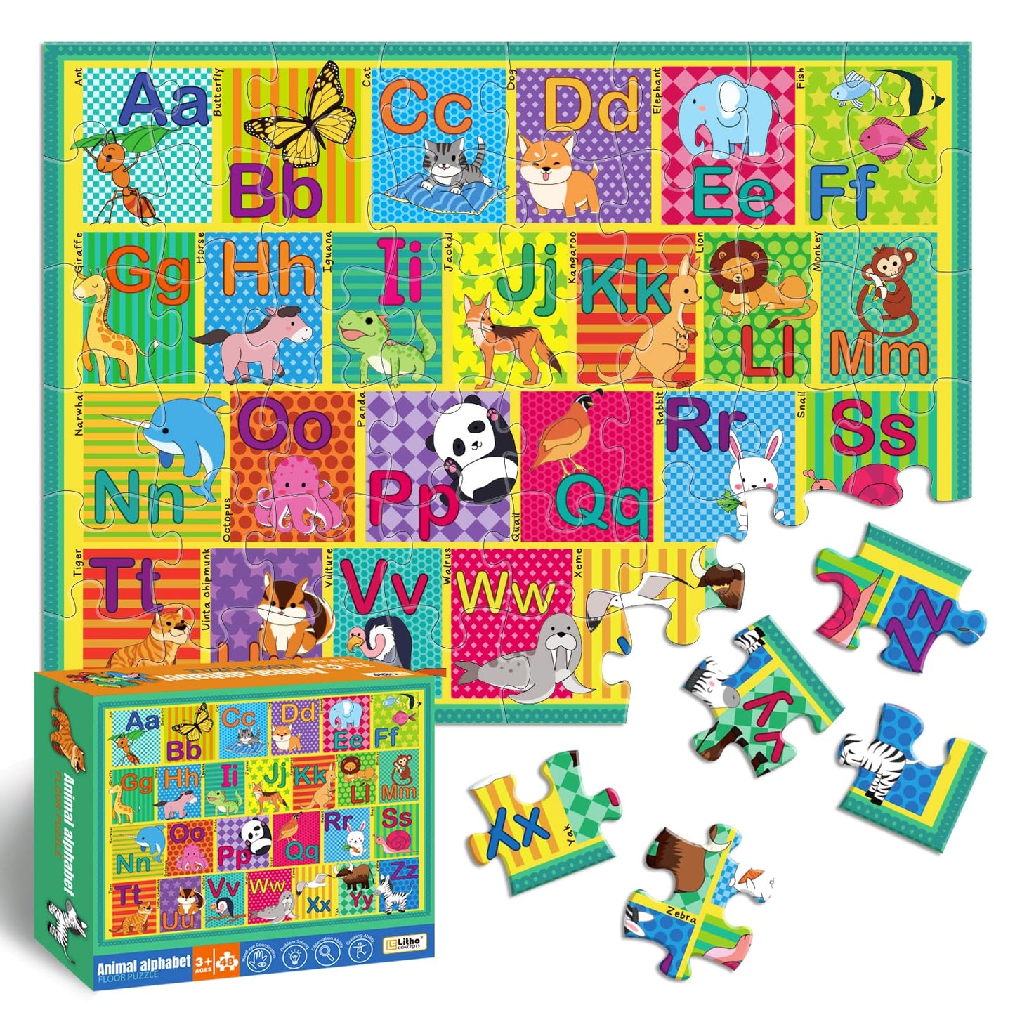 Animal Alphabet Floor Puzzle for Kids, 48 Pcs A-Z Educational Jigsaw, Preschool Learning Toys for Boys & Girls, Toddler Puzzle Ages 3+