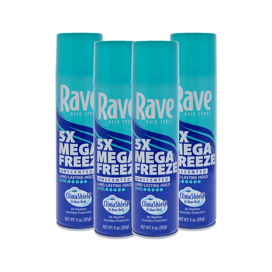Rave 5X Mega Freeze Unscented Aerosol Hairspray by Rave - Heat Protection, Long Lasting Firm Hold - Minimizes Frizz and Static - 4 pc