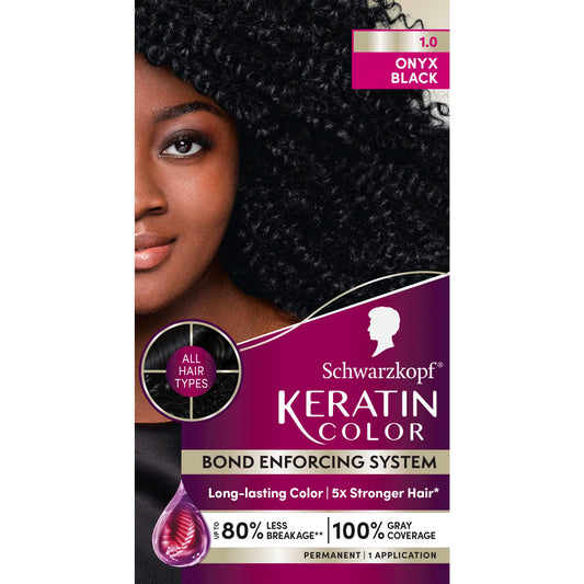 Schwarzkopf Keratin Permanent Hair Dye Cream, 1.0 Black Onyx, Professional Quality Color for Up to 100% Gray Coverage, Bond Enforcing System