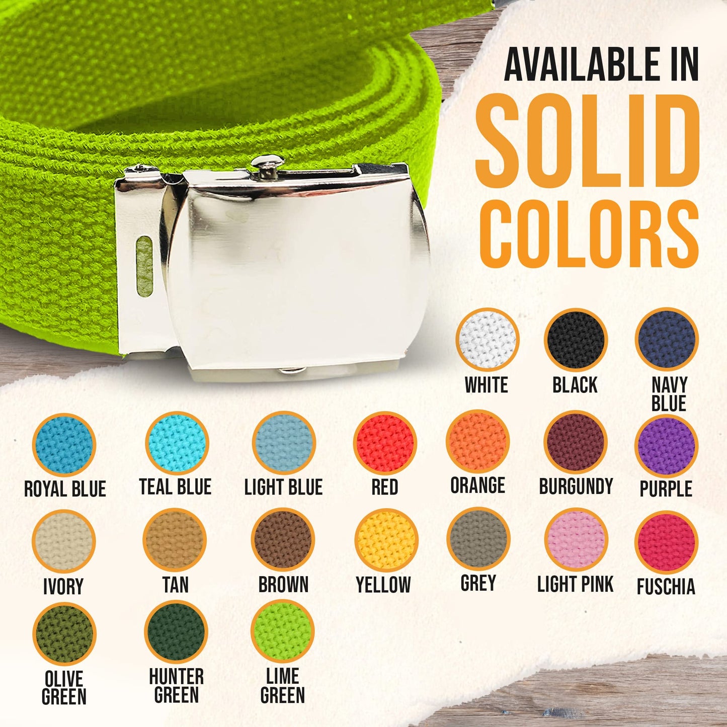 Hold’Em Military Canvas Webbing Belts for MEN’S-Polished Silver Slider Buckle Heavy Duty Adjustable -Lime Green