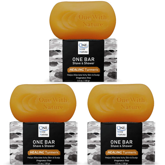 ONE Bar Healing Turmeric, Fragrance Free 3.5 oz 3 Pack - Shave, Shower, Shampoo, face, beard, body, hair/scalp, SuperFAT “oil” Infused: Avocado