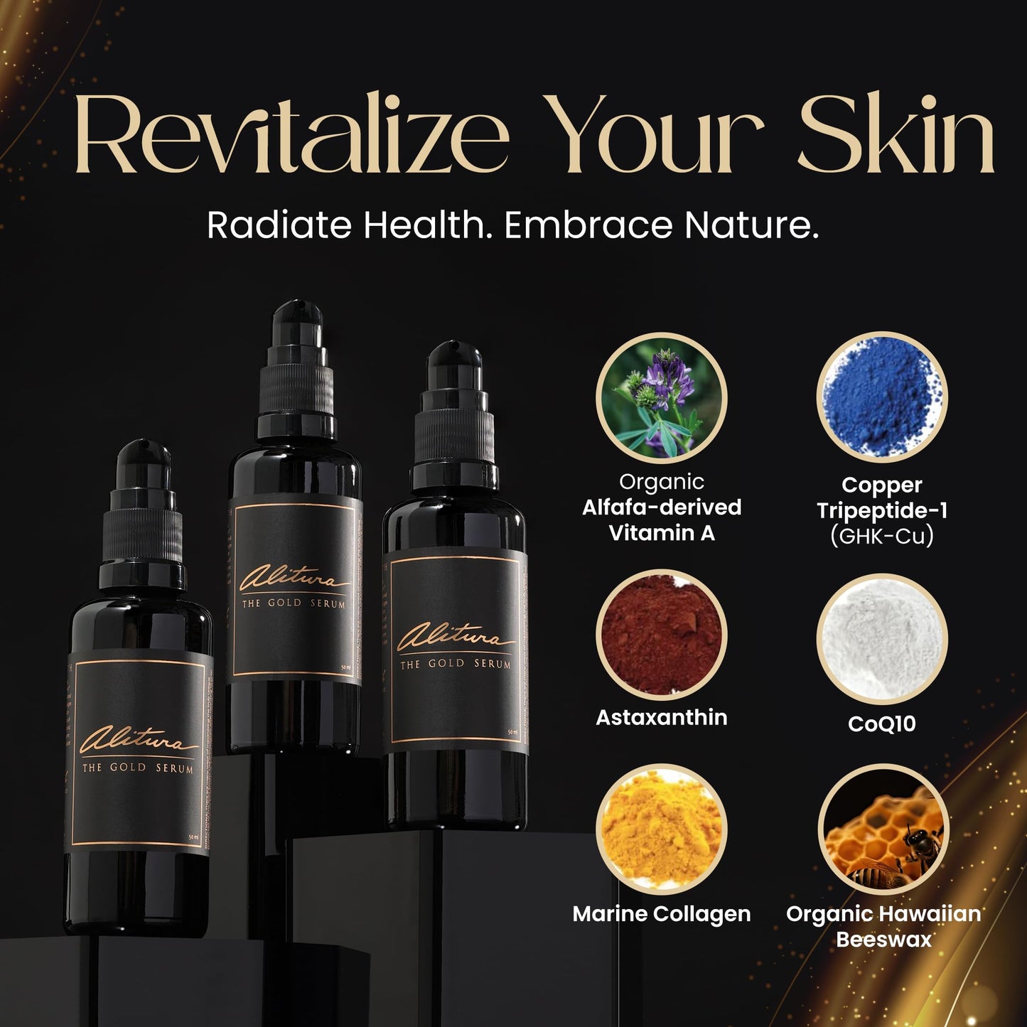 Alitura Anti-Aging Peptide & Collagen Gold Serum for Face - with Vitamin A, CoQ10 & Astaxanthin - Korean-Inspired Hydrating Serum for Wrinkles