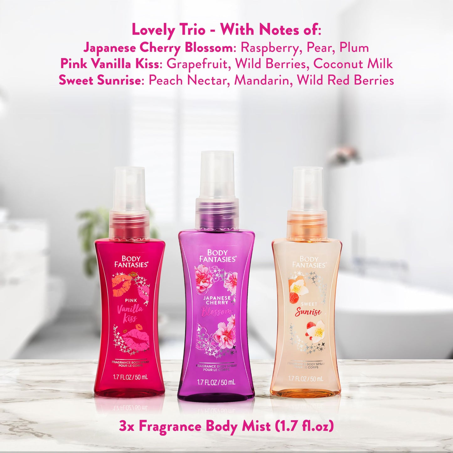 Body Fantasies Body Spray Holiday Gift Set for Her - 3 Piece Lovely Scents Sampler, Perfect for Stocking Stuffers