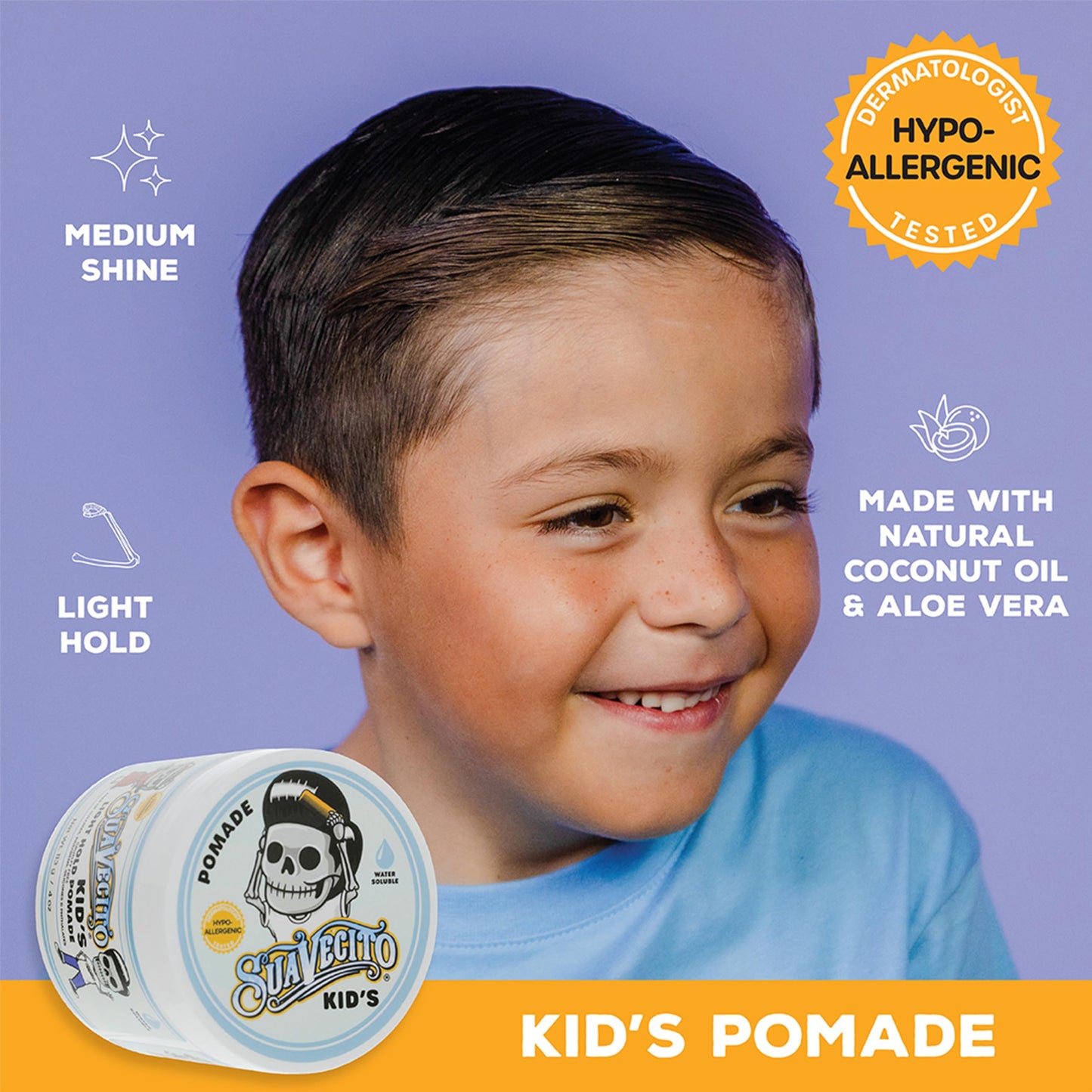 Suavecito Kid's Pomade Calming Chamomile Scent Light Hold 4 oz. - Water Based Flake Free Hair Gel - Dermatologist-Tested, Hypoallergenic Formula