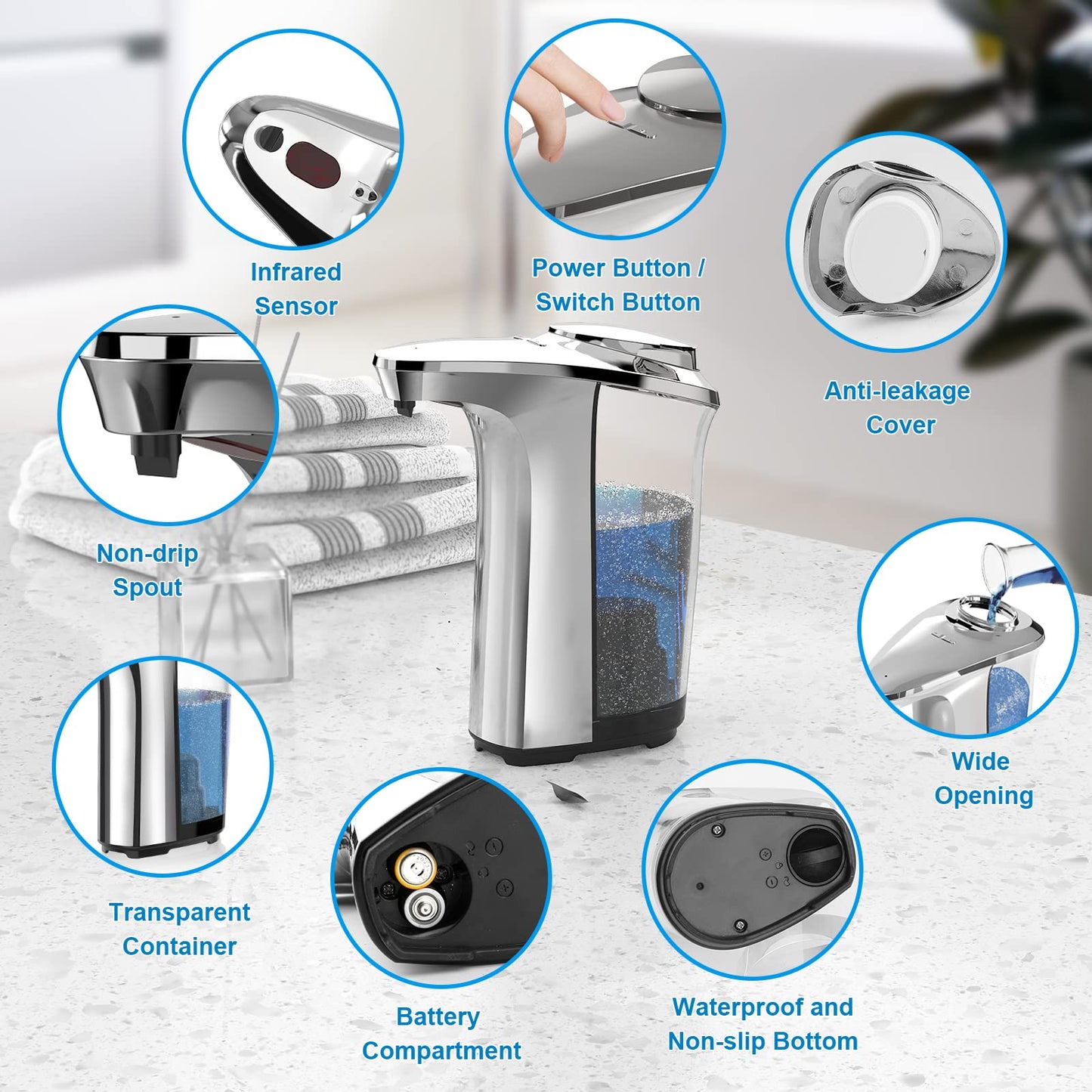PZOTRUF Touchless Automatic Soap Dispenser, 17oz, Infrared Sensor, 5 Levels, for Bathroom & Kitchen Liquid Soap (Silver)