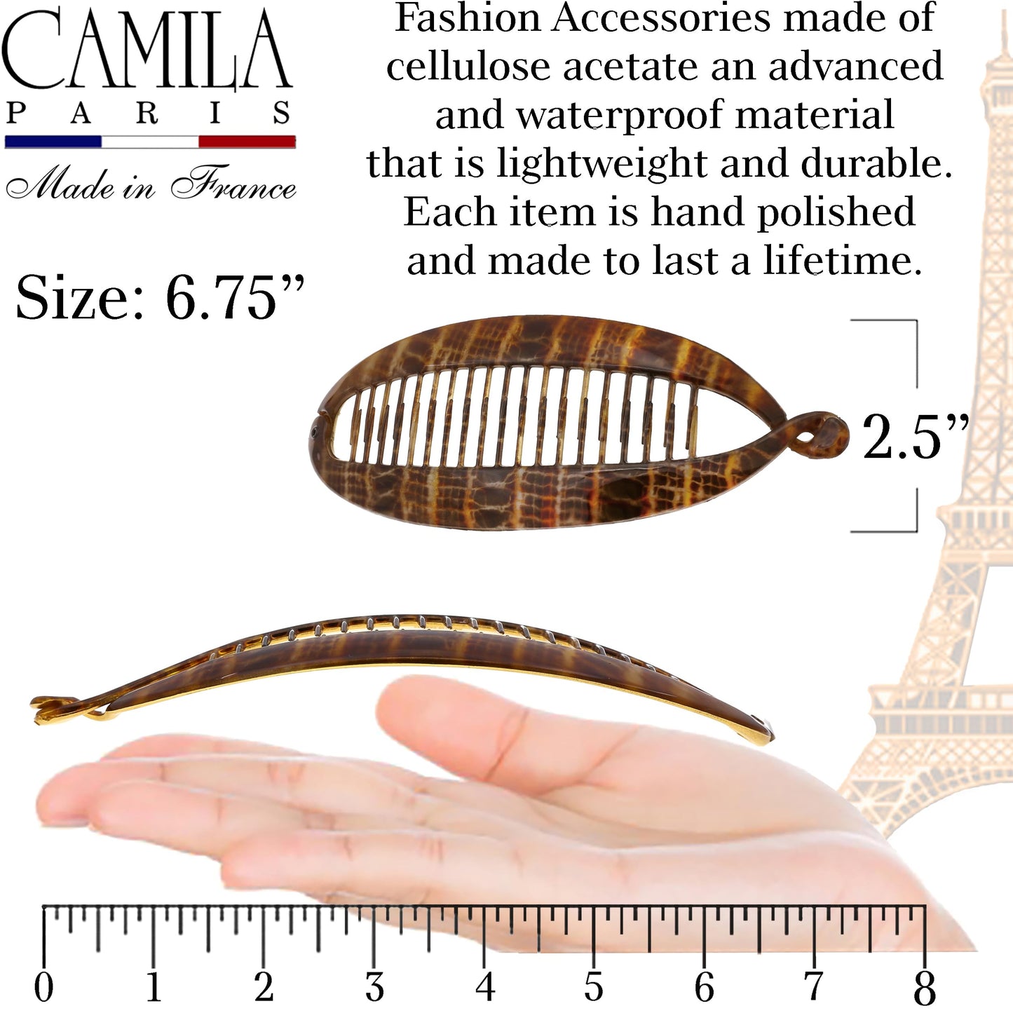 Camila Paris CP3097 French Extra Large Banana Clip Hair Comb, Classic Banana Clips Hair for Thick Hair Ponytail Holder Interlocking Styling Clips
