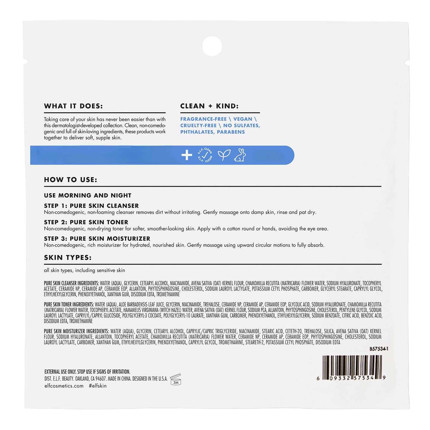 e.l.f. Skin Pure Skin Back to Basics Mini Kit, Clean & Gentle Cleanser, Toner & Moisturizer, Great for Sensitive Skin, TSA-Friendly Sizes