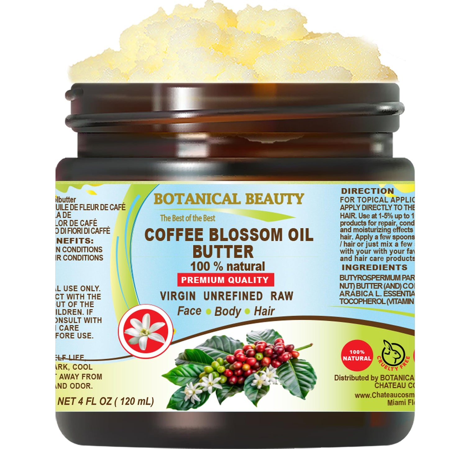 Botanical Beauty COFFEE BLOSSOM OIL BUTTER 100% Natural Coffee Blossom Essential Oil in Shea Nut Butter for FACE, SKIN, BODY, HAIR, NAILS. Beauty Skin