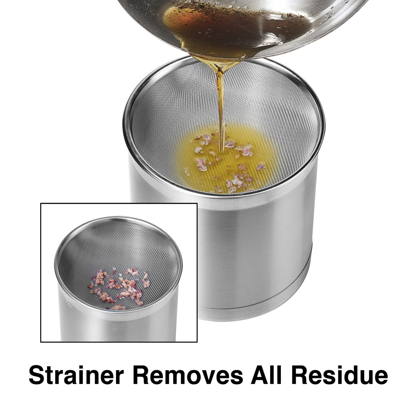 Oggi Stainless Steel Jumbo Grease Container with Removable Strainer and Snug Lid. Perfect container for fryer oil, bacon drippings, lard and ghee…