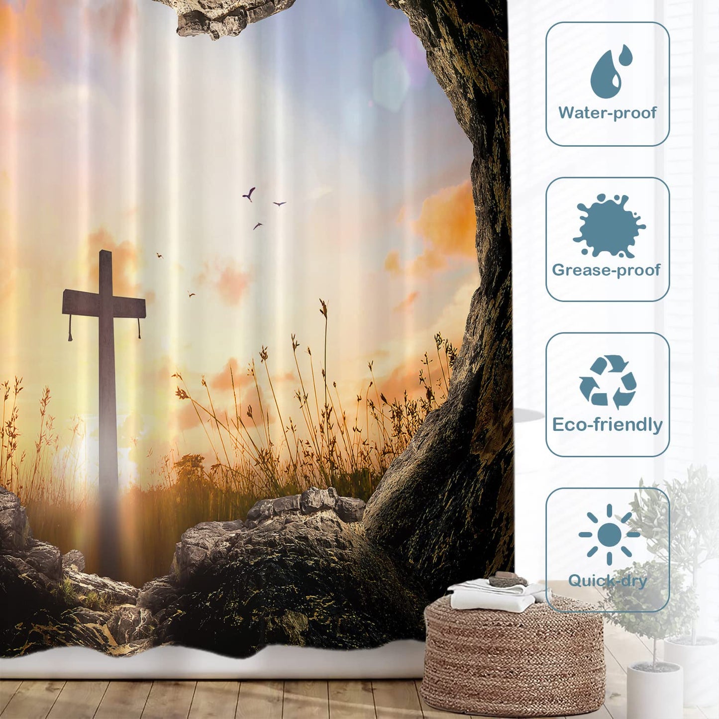 Batmerry Stone Sunrise Christian Decorative Shower Curtain, Jesus is Risen Christian Easter Shower Curtain Cute Long Wide Shower Curtain for Bathroom…