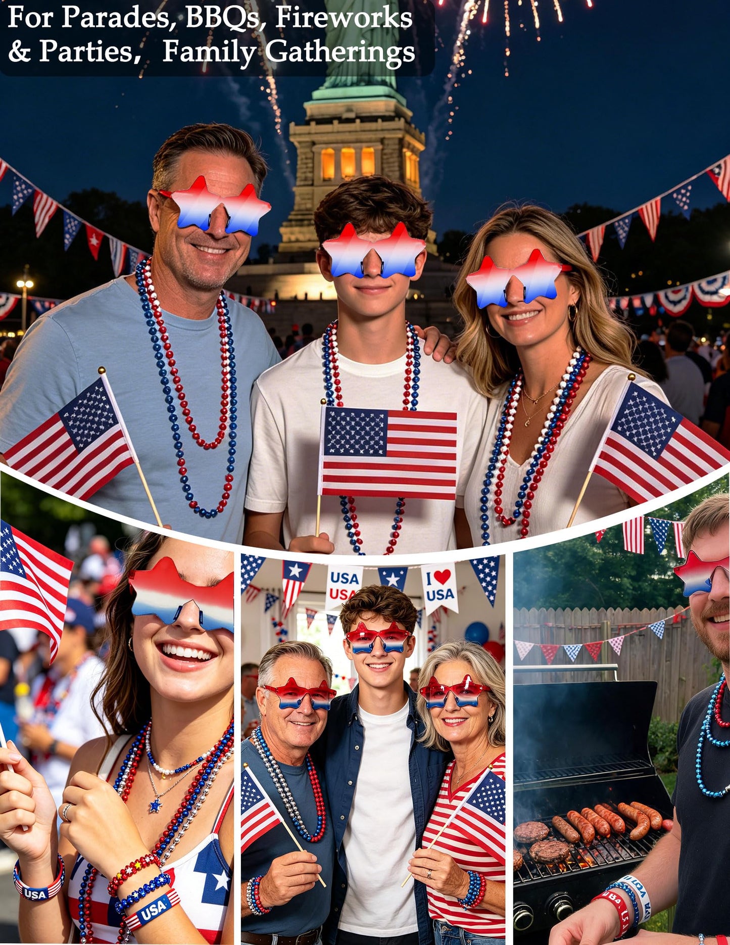 4th of July Outfits for Women, Red White and Blue Face Body Glitter Gel, 9Pcs Necklaces, 6Pcs Silicone Bracelets, 4 Mini USA Flags, 3 Pairs Star