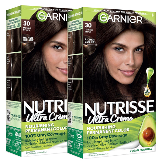 Garnier Nutrisse Ultra Crème Hair Color, Permanent Hair Dye with 100% Gray Coverage, Vegan & Cruelty-Free, 30 Darkest Brown (Sweet Cola), 2 Count Beauty & Personal Care Garnier