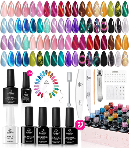 Beetles Cat Eye Gel Nail Polish Set - 36 Colors Red Purple Brown Green Burgundy Magnetic Gel Polish Kit Base Glossy Matte Top Coat Soak Off UV DIY Beauty and Personal Care beetles Gel Polish Default Title