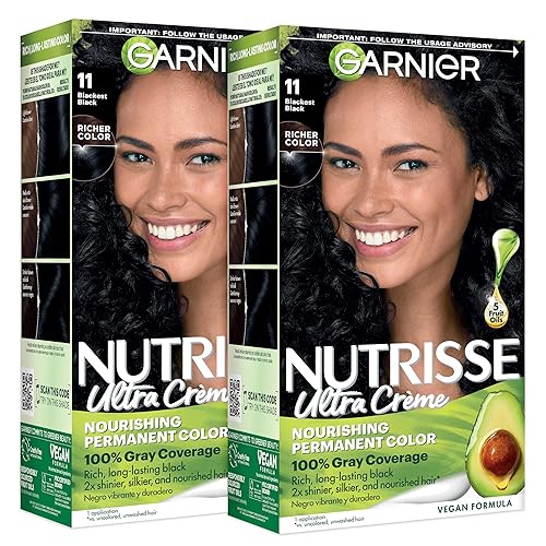 Garnier Nutrisse Ultra Crème Hair Color, Permanent Hair Dye with 100% Gray Coverage, Vegan & Cruelty-Free, 11 Blackest Black (Peppercorn), 2 Count